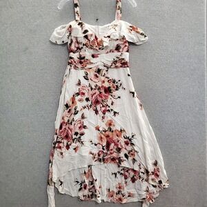 Emerald‎ Sundae Juniors Dress 7 White Floral Midi Fit & Flare Cold Shoulder